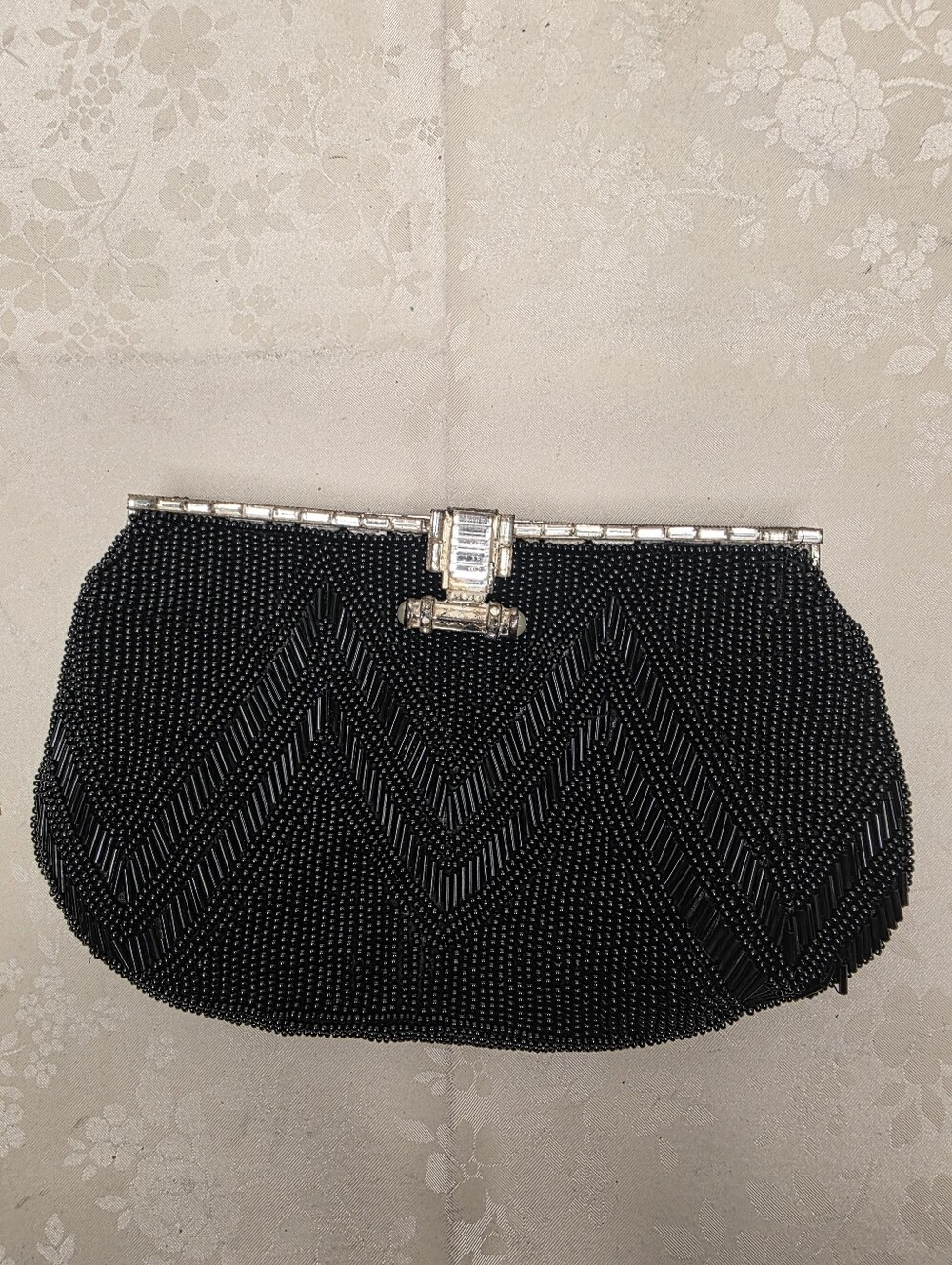 Vintage Black Beaded Art Deco Clutch Kiss Lock Rhinestone Evening Bag
